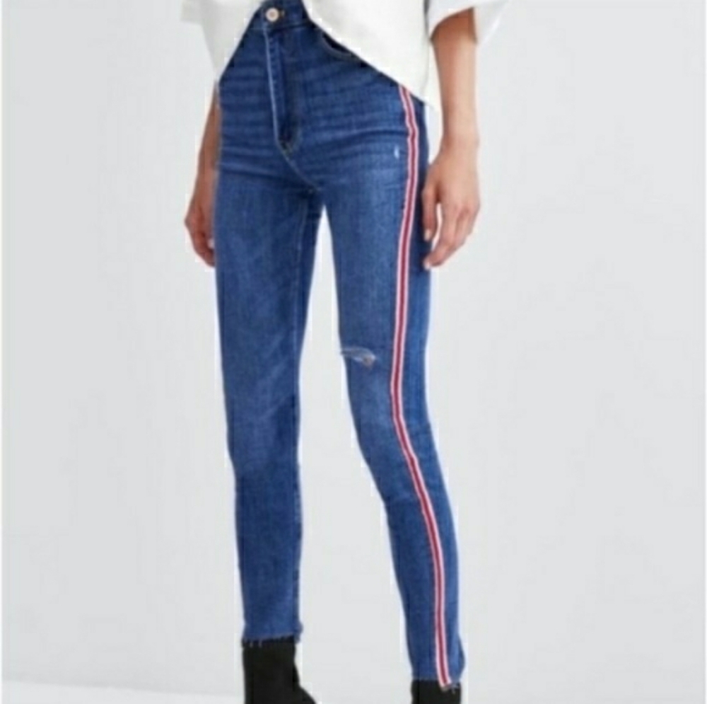 Zara Trafaluc Red Stripe Skinny Distressed Jeans